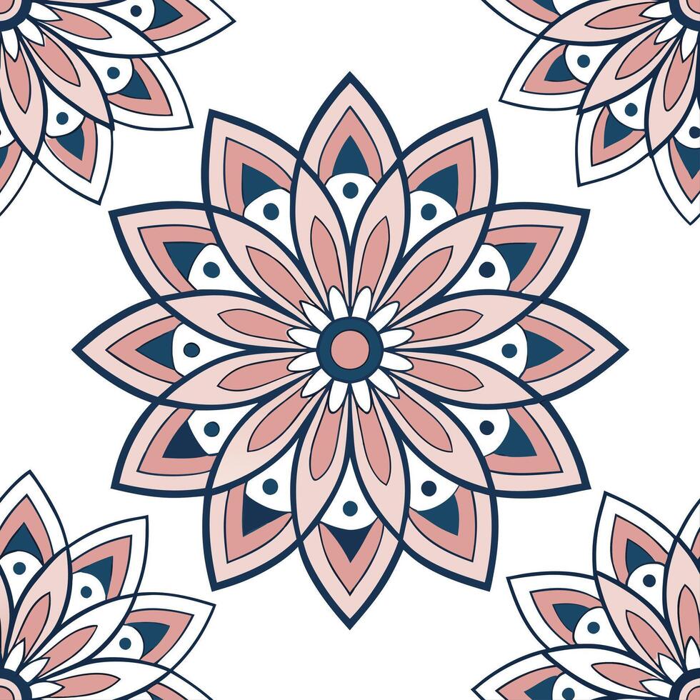 Bohemian floral mandala seamless tile pattern with colorful petals and intricate details on white background ideal for eclectic spaces Clean vector