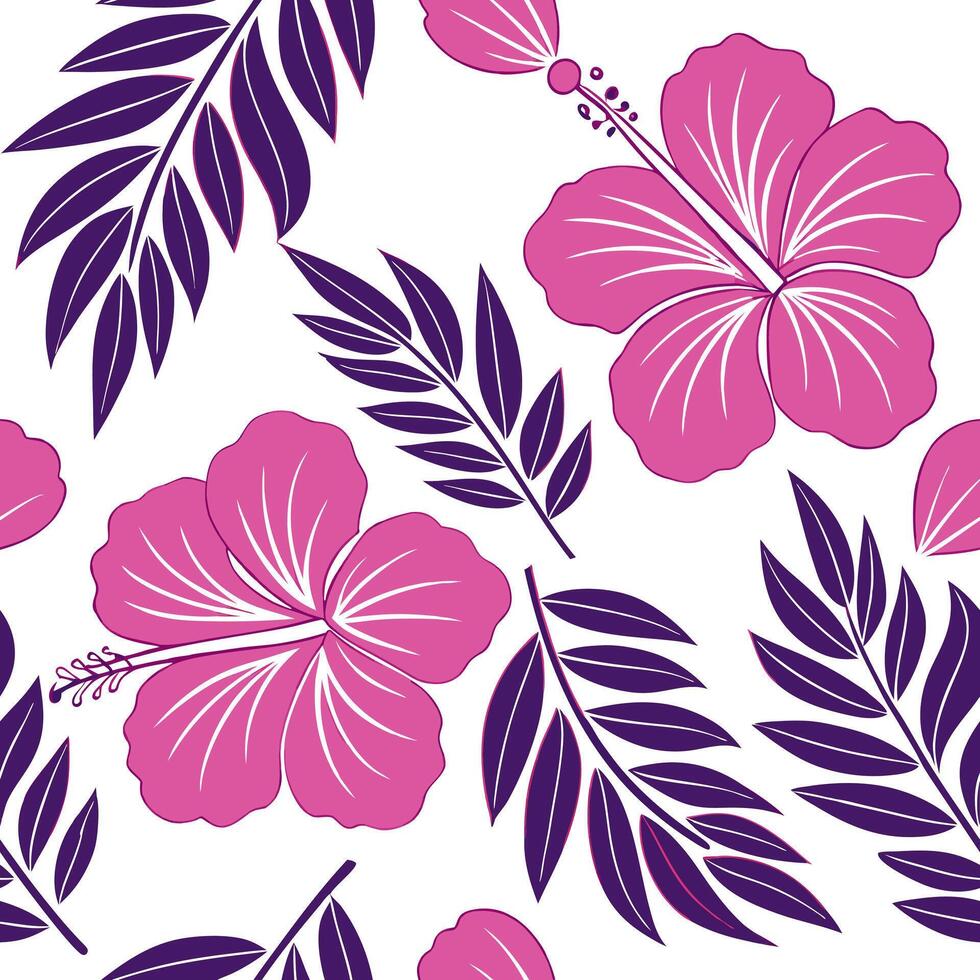 Bohemian hibiscus seamless tile pattern with vibrant pink blooms and intricate leaf details on white background ideal for eclectic spaces Clean vector