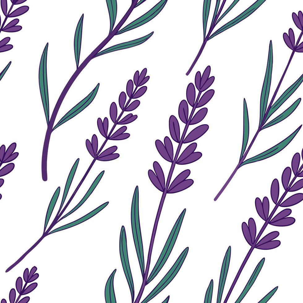 Bohemian lavender seamless tile pattern with vibrant purple blooms and intricate leaf details on white background ideal for eclectic spaces Clean vector