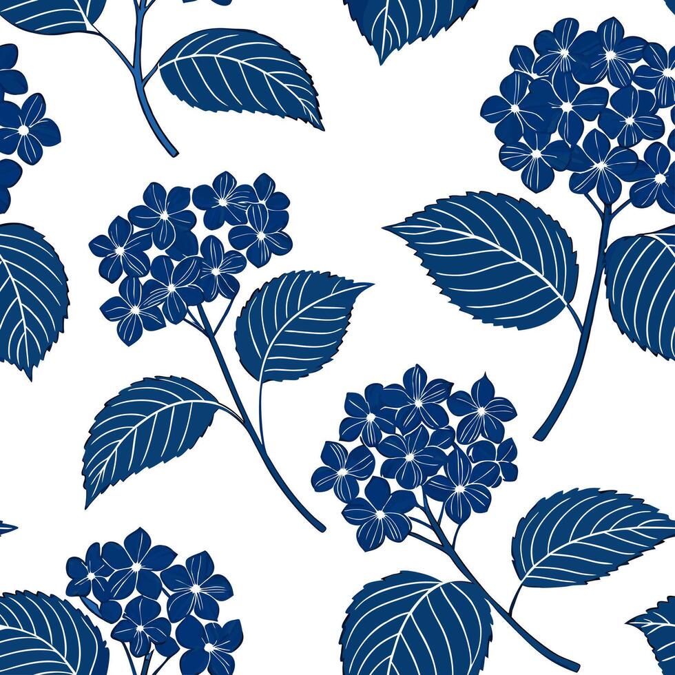 Bohemian hydrangea seamless tile pattern with vibrant blue blooms and intricate leaf details on white background ideal for eclectic spaces Clean vector