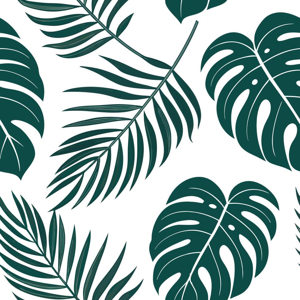 Bohemian tropical leaves seamless tile pattern with eclectic leaf motifs and rich green hues perfect for creative spaces Clean vector