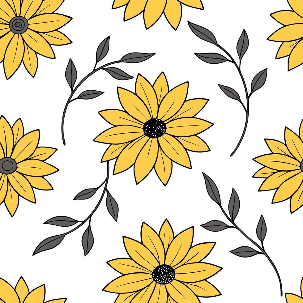 Bohemian sunflower seamless tile pattern with vibrant yellows and intricate details on white background ideal for eclectic spaces Clean vector