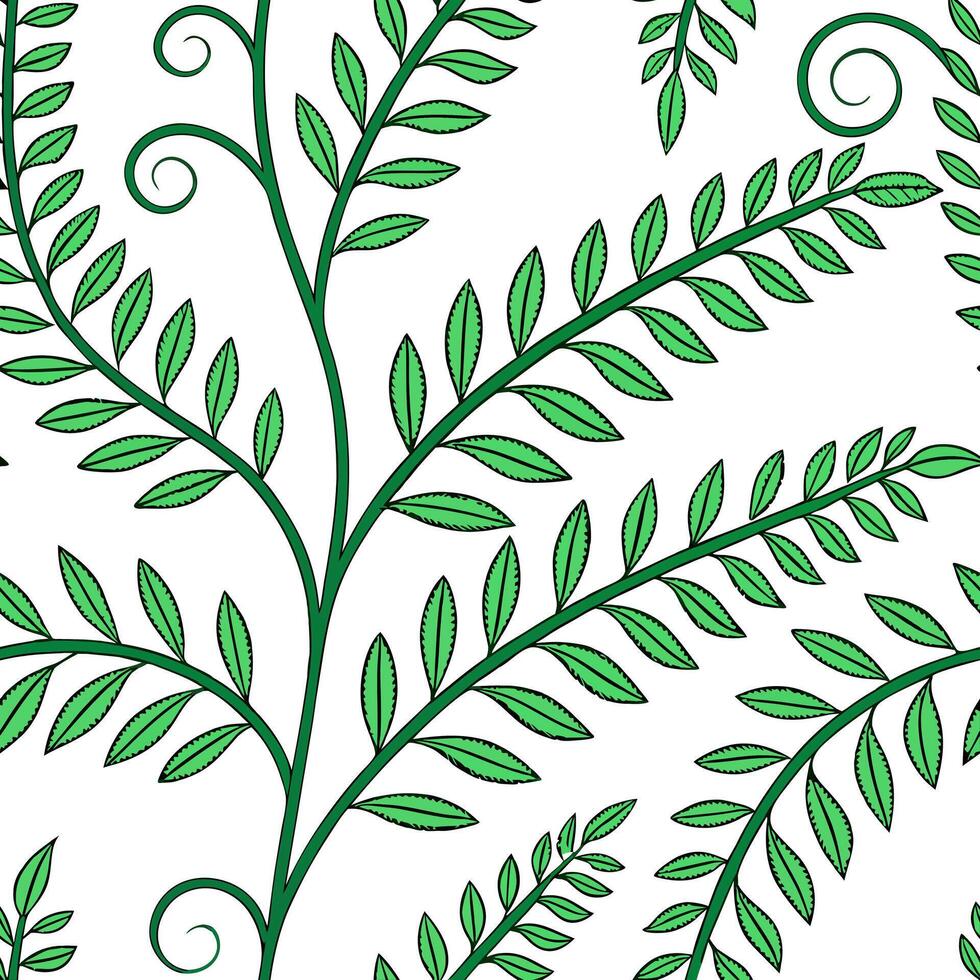 Bohemian vine seamless tile pattern with vibrant green tendrils and intricate details on white background ideal for eclectic spaces Clean vector