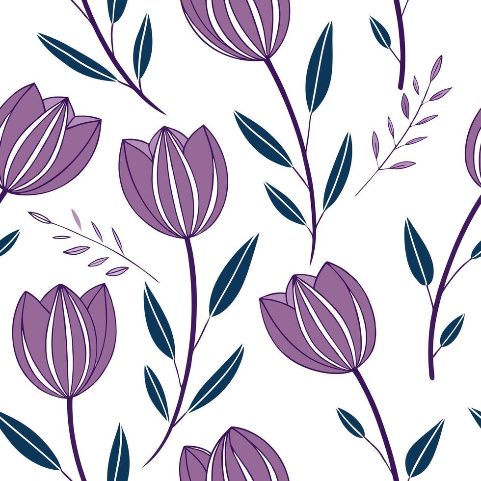 Bohemian tulip seamless tile pattern with vibrant purple blooms and intricate leaf details on white background ideal for eclectic spaces Clean vector