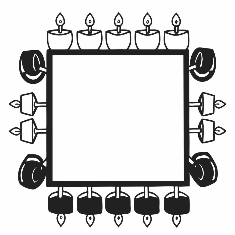 Border frame with glowing Hanukkah candles and dreidels white copy space Clean vector