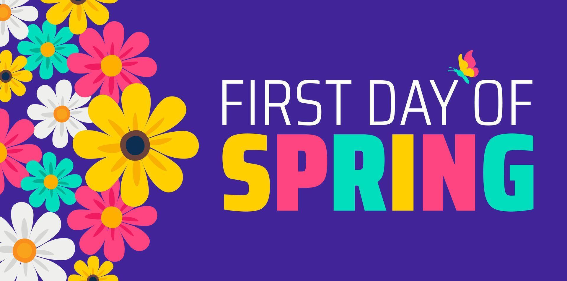 First Day of Spring flower background banner or poster design template. observed every year in March. vector