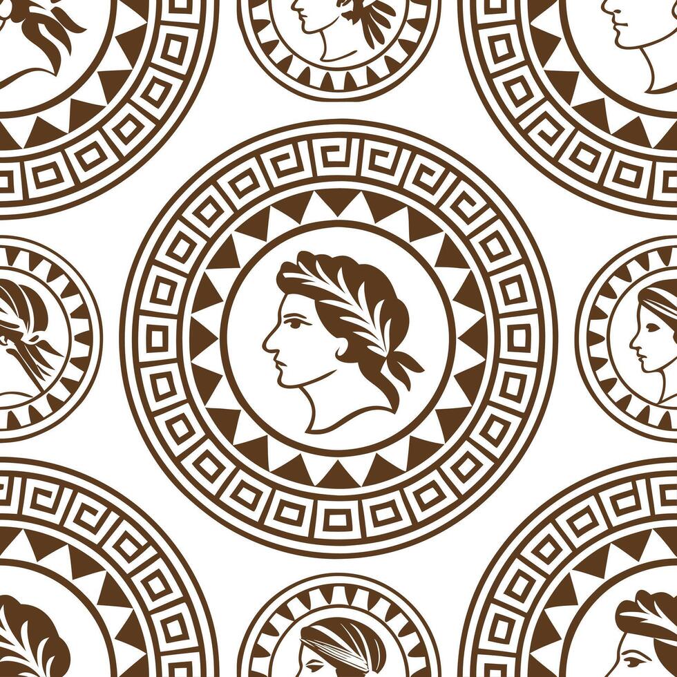 Combine Greek ancient pottery designs with modern tile patterns using earth tones and mythological figures Clean vector