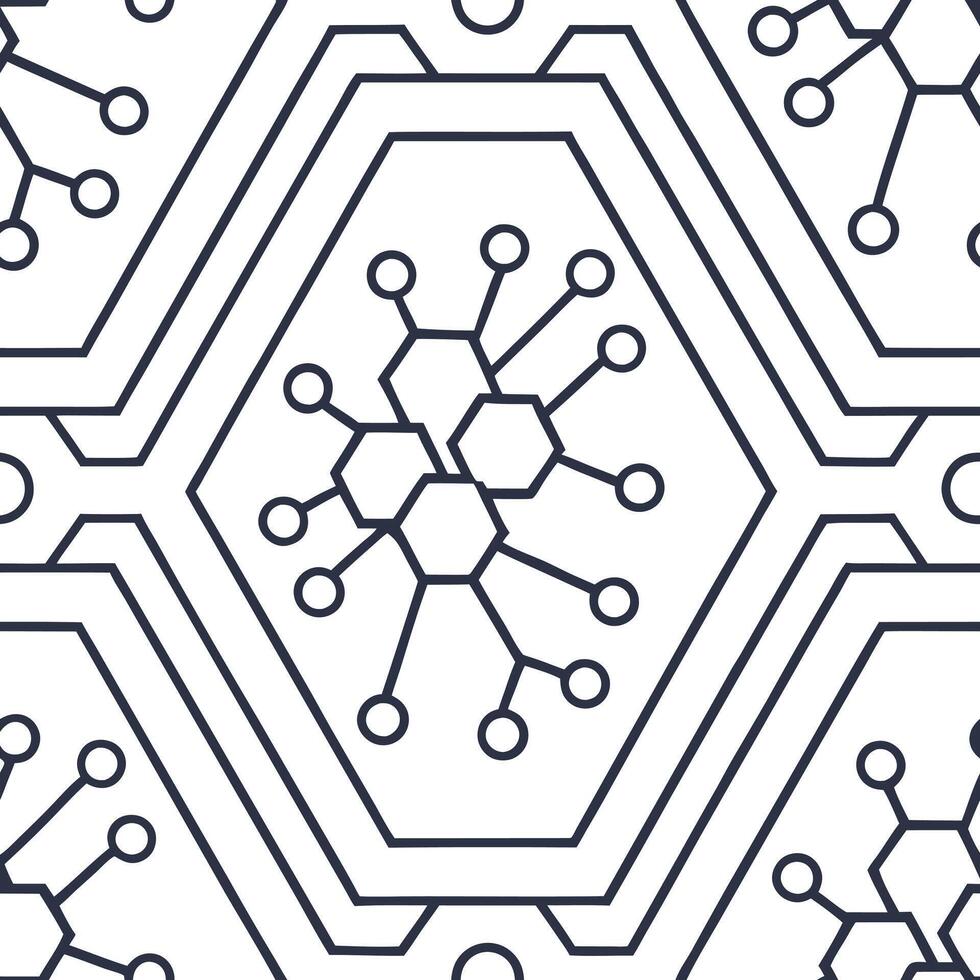 Combine geometric circuit segments on continuous tiles ensuring symmetrical lines and sleek white highlights Clean vector