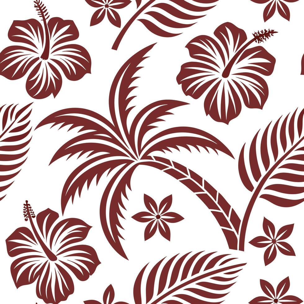 Combine Polynesian cultural aesthetics with modern tile patterns featuring tropical elements like palm trees and hibiscus flowers Clean vector