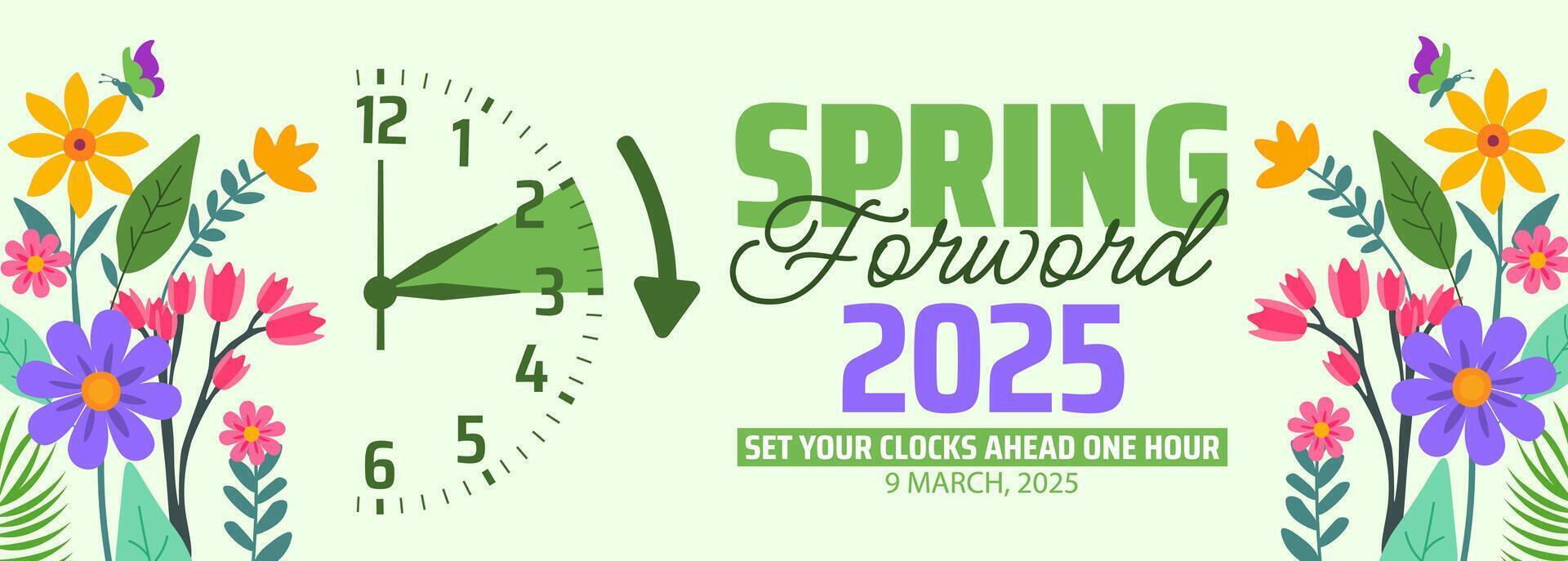 Spring Forward Daylight Saving Time Starts background with flower and clock design. vector