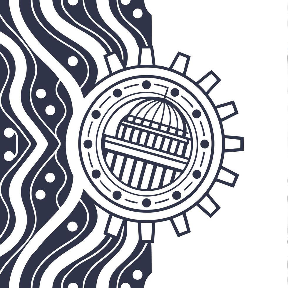 Compose seamless AI fractal designs fusing digital wave patterns with microchip geometry on white perfect for marketing or packaging Clean vector