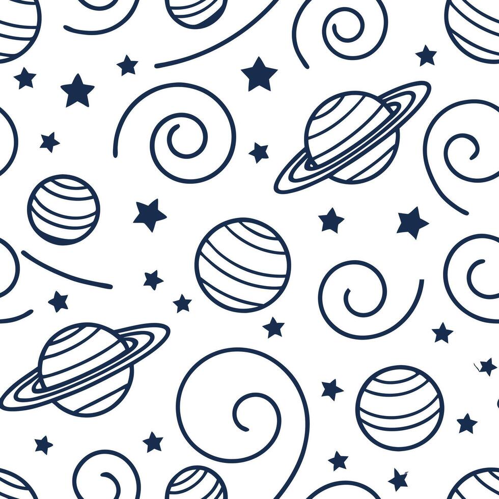 Construct seamless cosmic swirl motifs with partial planet outlines star formations and strong white background for dynamic brand marketing Clean vector