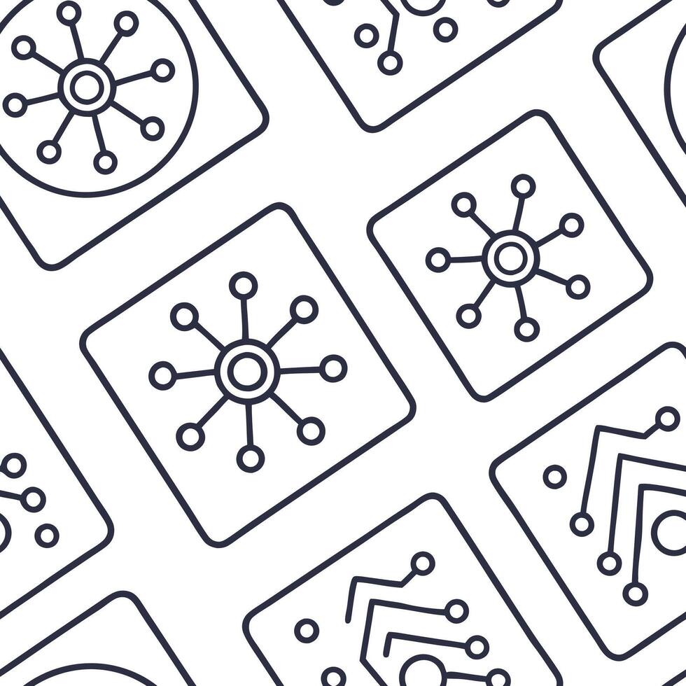 Craft symmetrical patterns of modern tech icons and circuit lines in isolated white squares perfect for hi tech corporate presentations and brand materials Clean vector