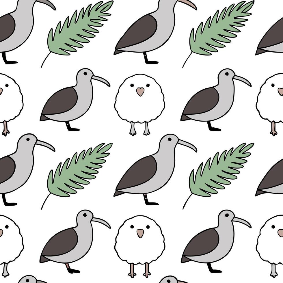 Create a seamless tile pattern featuring local wildlife from New Zealand such as kiwis albatrosses and sheep with soft textures and organic lines Clean Set 2 vector