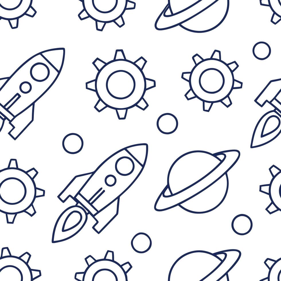 Create futuristic seamless patterns with digital technology icons and sci fi motifs featuring isolated white backgrounds for clean minimal designs Clean vector