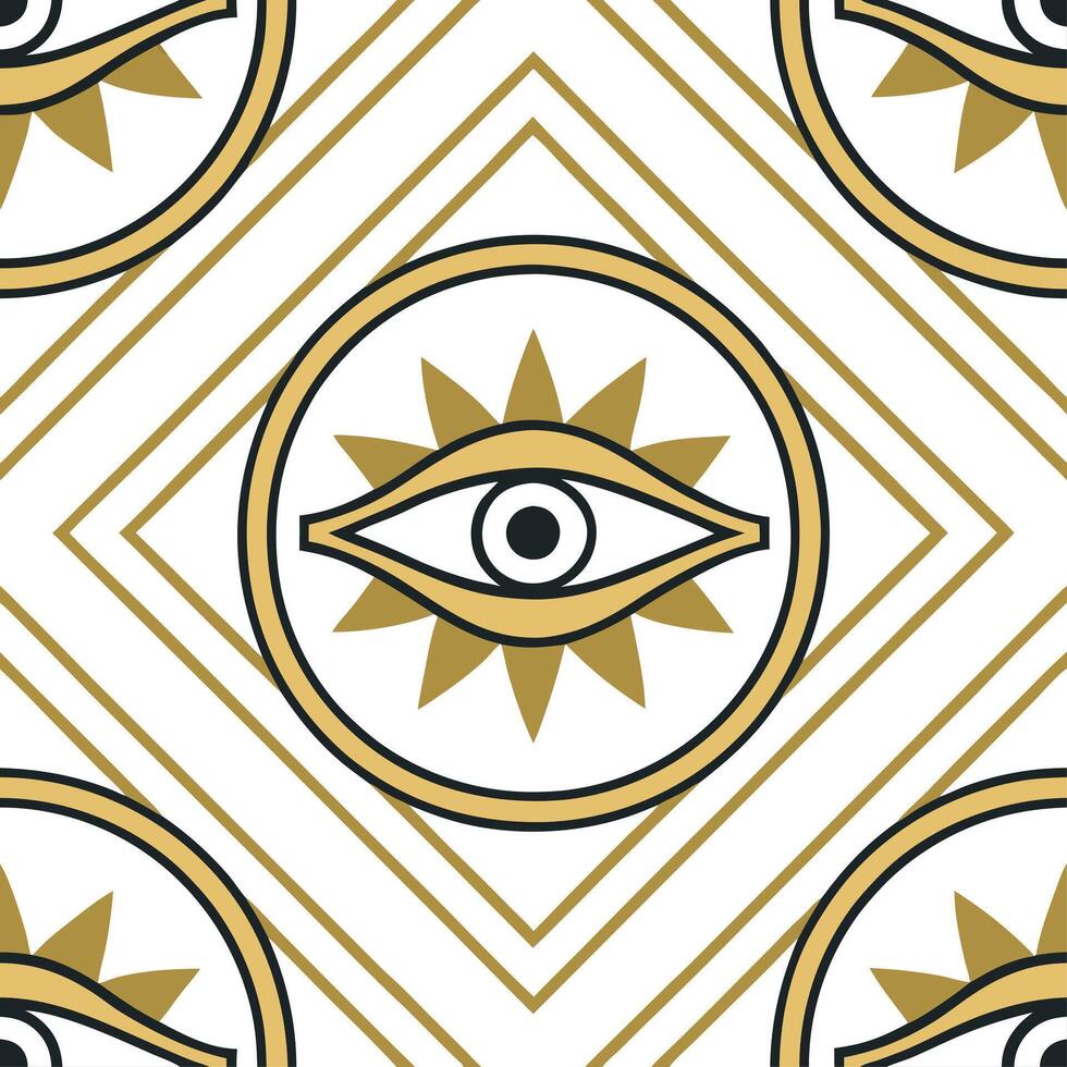 Create seamless tile pattern incorporating ancient Egyptian symbols such as the Eye of Horus with rich gold accents and geometric shapes Clean vector