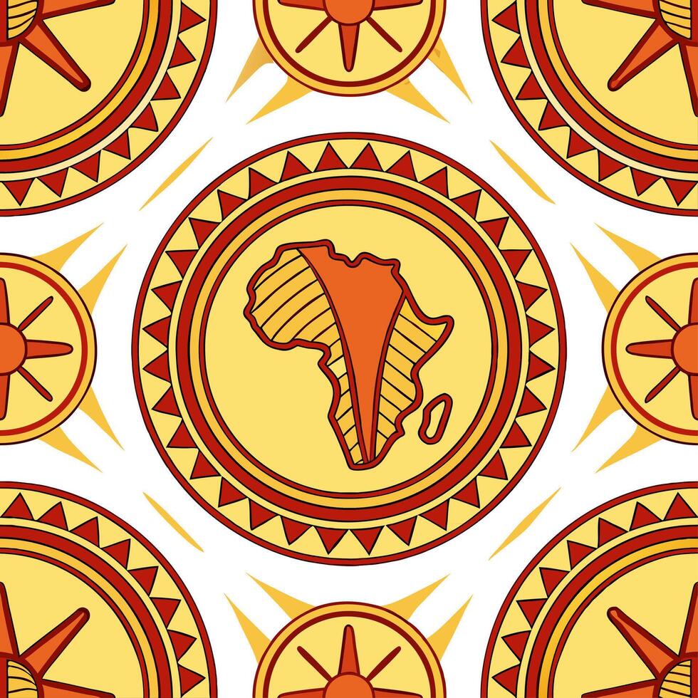 Create seamless tile patterns based on local African symbols incorporating vibrant color schemes and symbolic motifs Clean vector