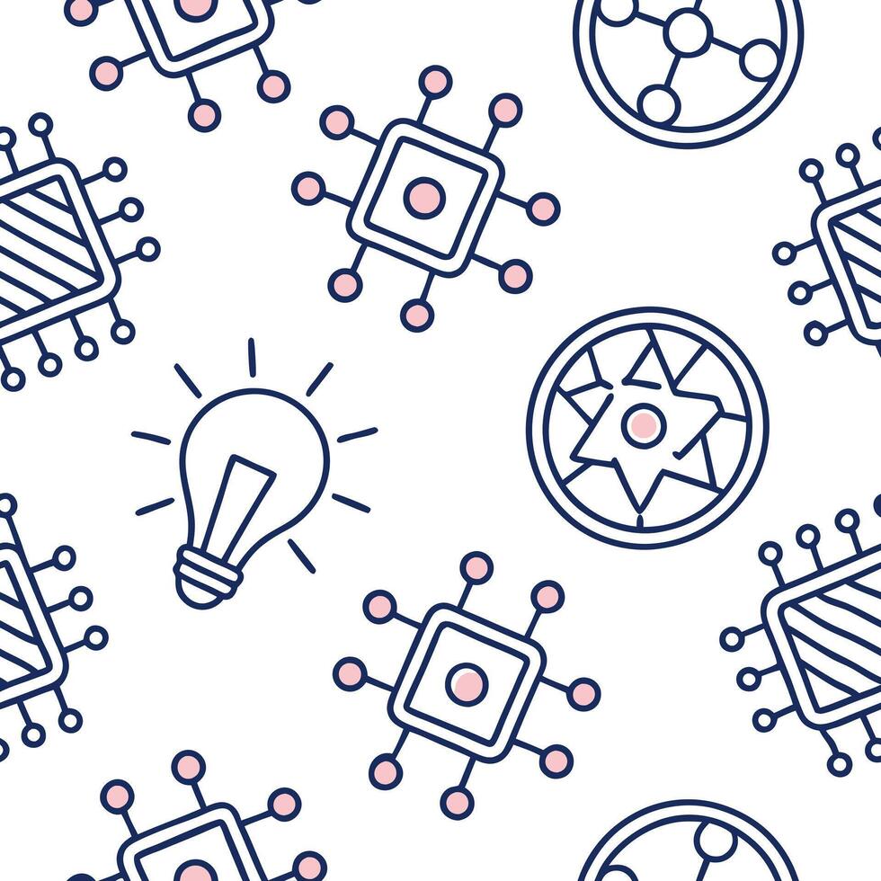 Curate seamless patterns based on futuristic technology themes integrating digital circuits neon designs and isolated white balance for modern use Clean vector