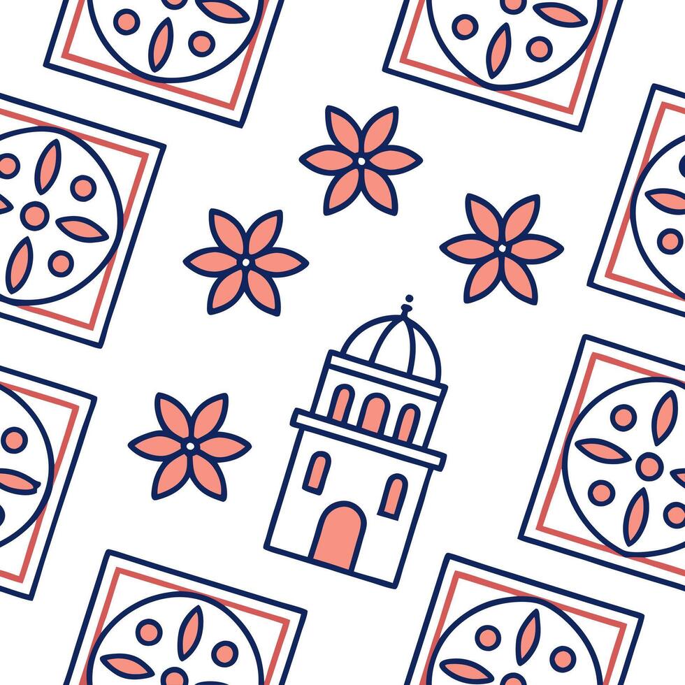 Design artistic seamless tiles combining creative local icons pure white background and seamless repeat ideal for stationery Clean vector
