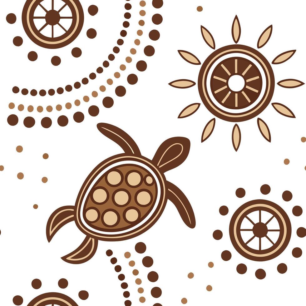 Design a seamless tile pattern using Aboriginal Australian symbols featuring earthy tones and intricate dot painting designs Clean vector