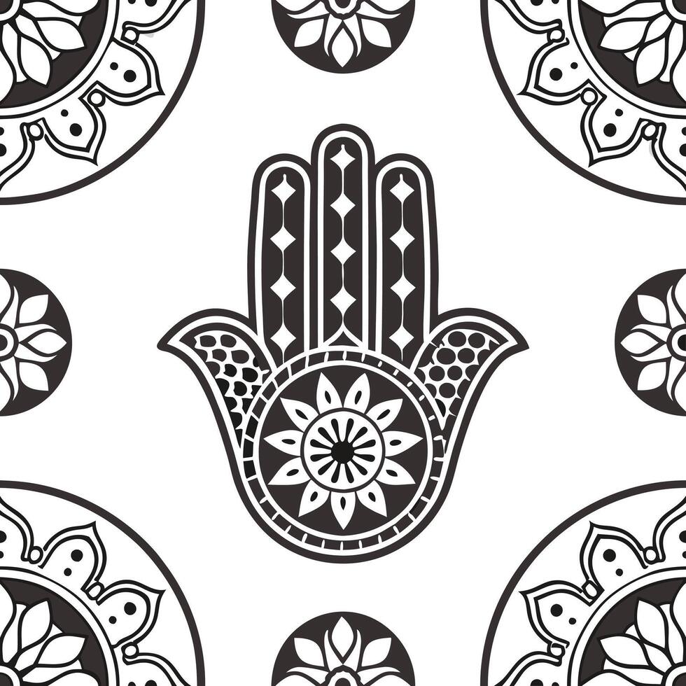 Design dynamic tribal art series integrate hamsa mandala fusion produce tile layout with cultural flair Clean vector