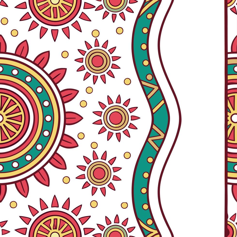 Design seamless tile patterns with a focus on traditional vibrant colors combined with ethnic symbols and a white negative space layout Clean vector