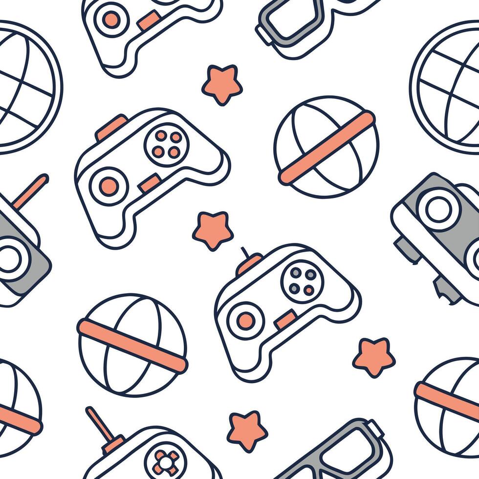 Develop a seamless tile pattern featuring virtual reality elements such as immersive worlds VR goggles and digital landscapes for a tech centric look Clean vector