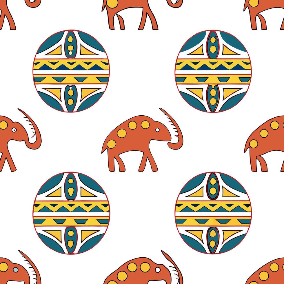 Develop seamless ethnic tile patterns featuring animal shapes vibrant hues and geometric designs with white space separation for clarity Clean vector