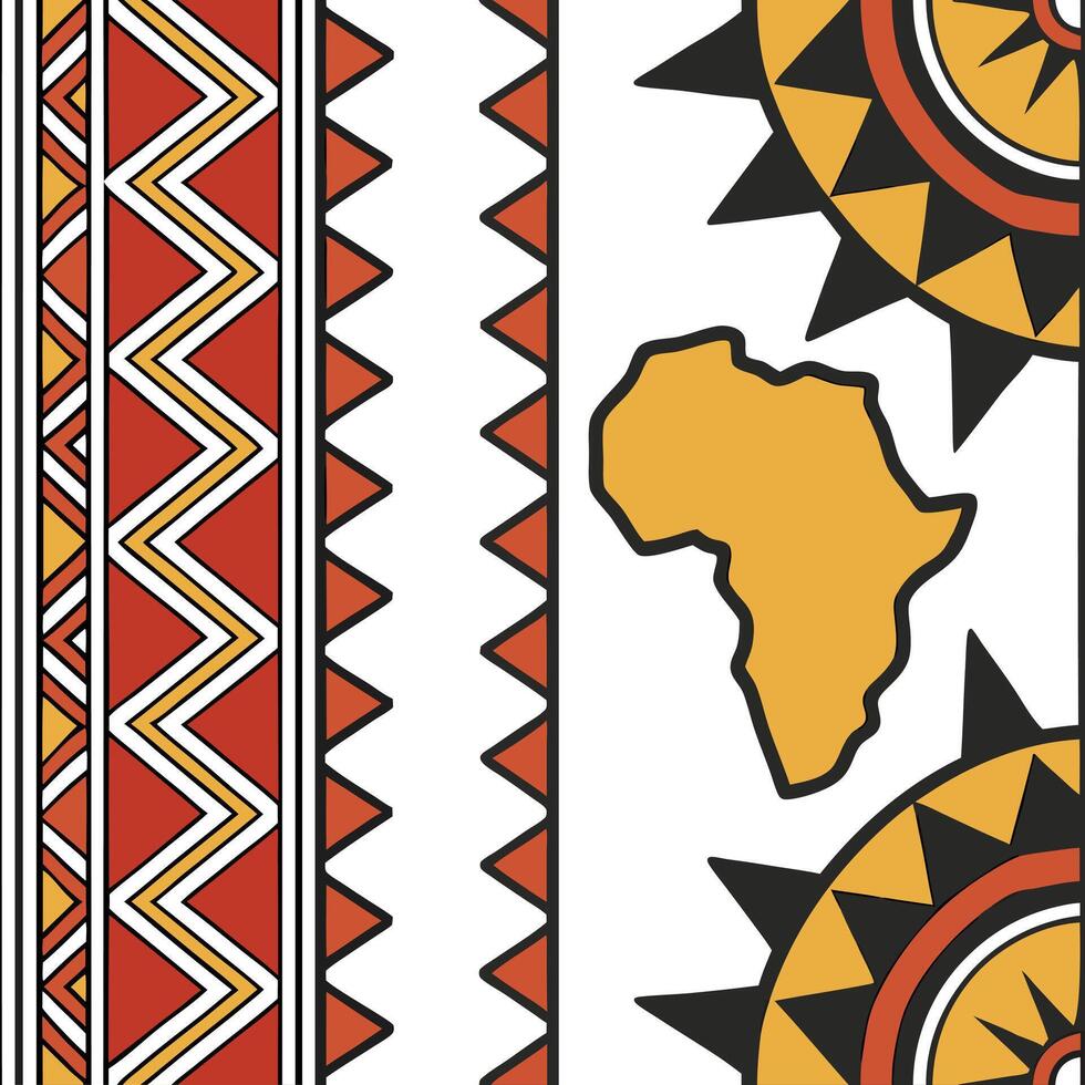 Develop seamless patterns with African cultural elements using bright color accents and sharp geometric contrasts for digital products Clean vector