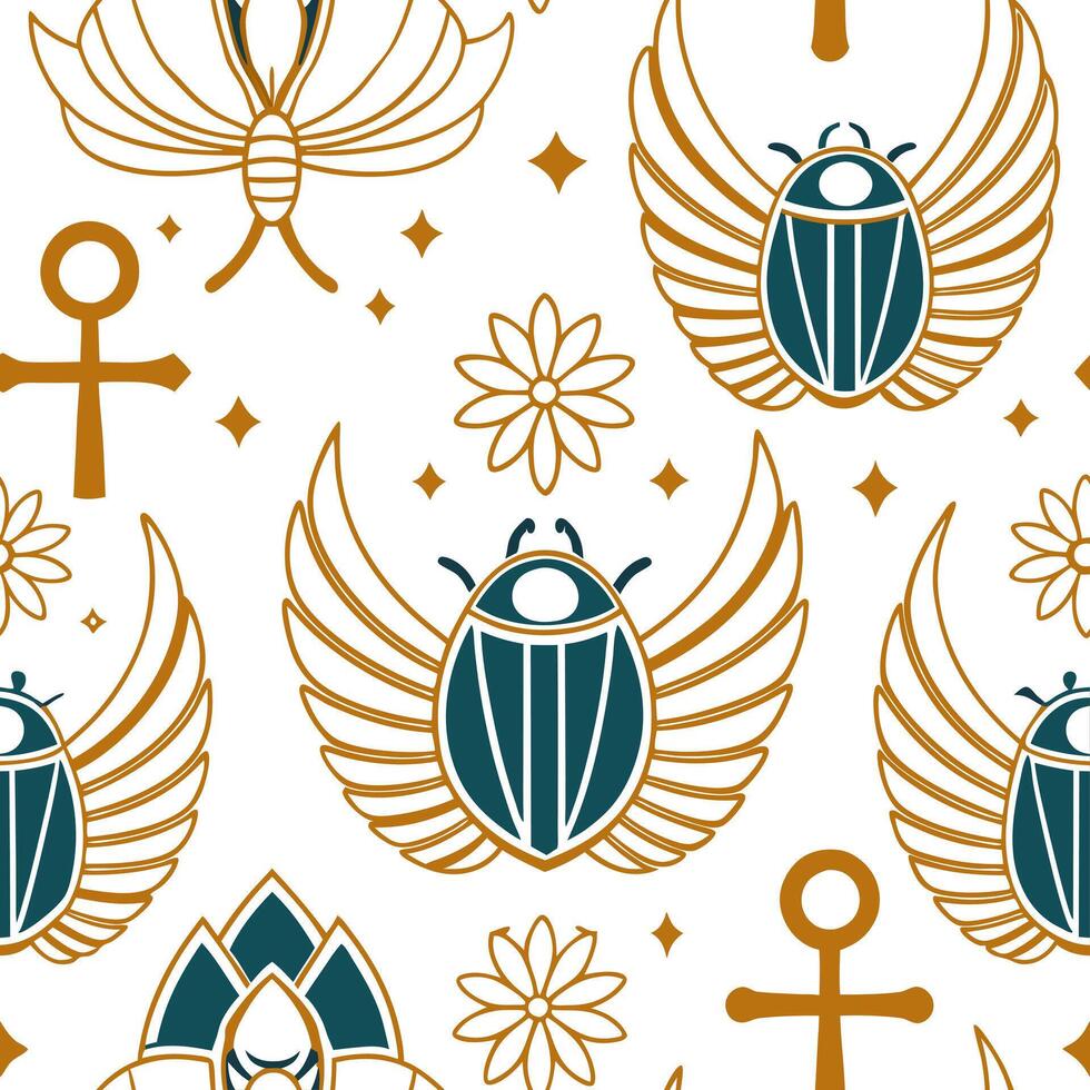 Develop seamless tile design based on Ancient Egyptian cultural symbols incorporating hieroglyphs and gold accents Clean vector