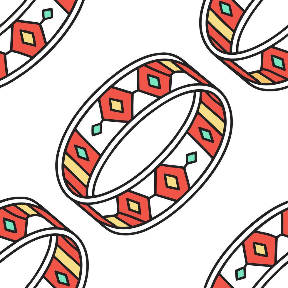 Develop seamless tile pattern inspired by ethnic bags featuring intricate embroidery textures and bold cultural motifs Clean vector