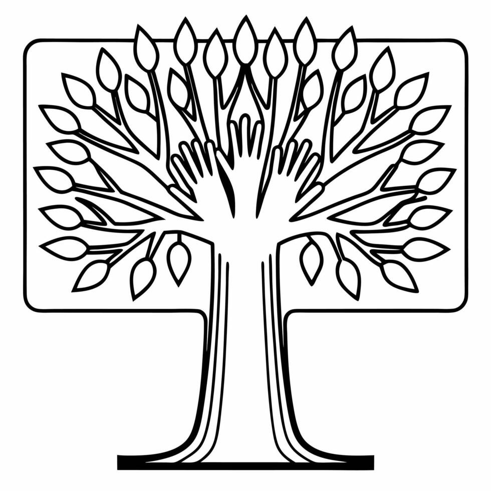 Digital glowing abstract tree with hands reaching up symbolizing growth and equality Clean vector