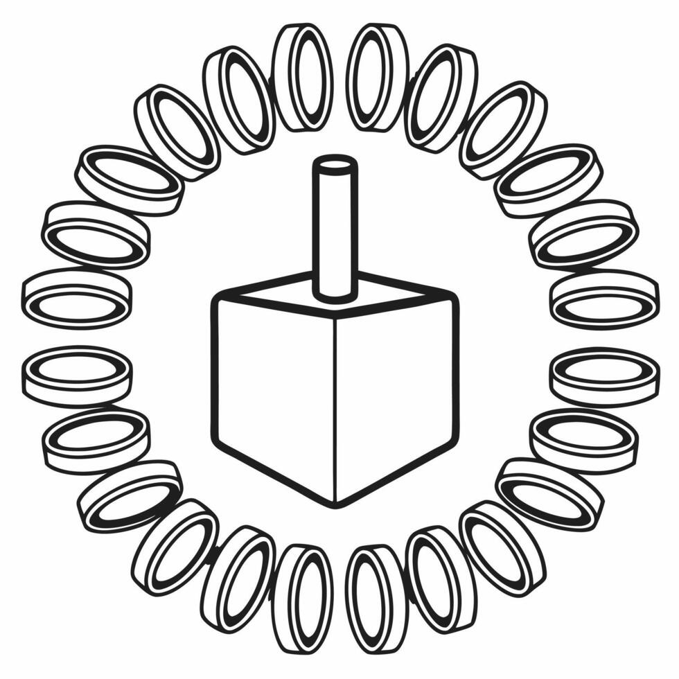 Dreidel spinning in mid air with floating Hanukkah gelt coins on white background Clean vector