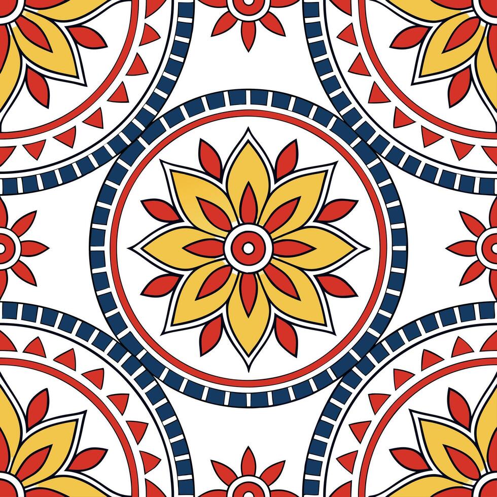 Ethnic patterns seamless design with mosaic tiles and vibrant primary colors for a striking bold cultural look Clean vector