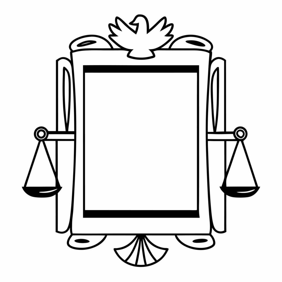Flat Border frame with a glowing dove and scales of justice symbolizing peace and equality with copy space Clean vector