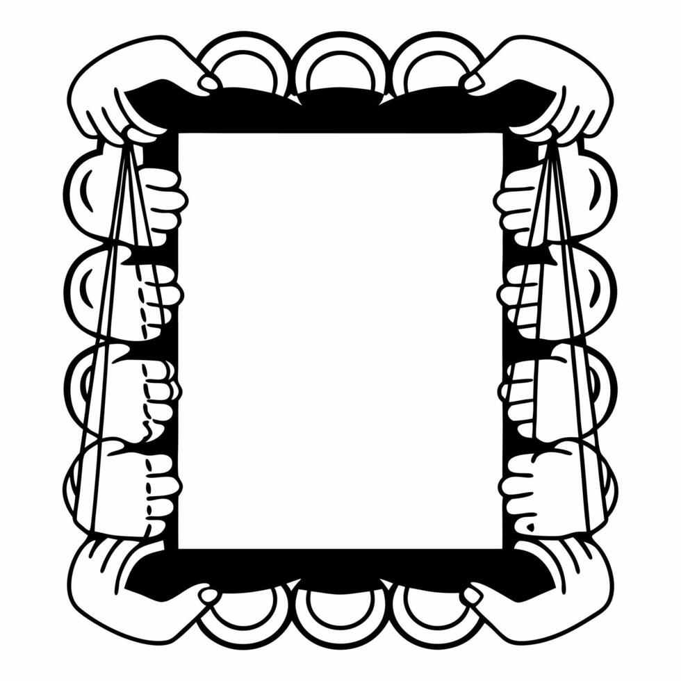 Flat Border frame with glowing scales of justice and raised hands symbolizing fairness and activism with copy space Clean vector