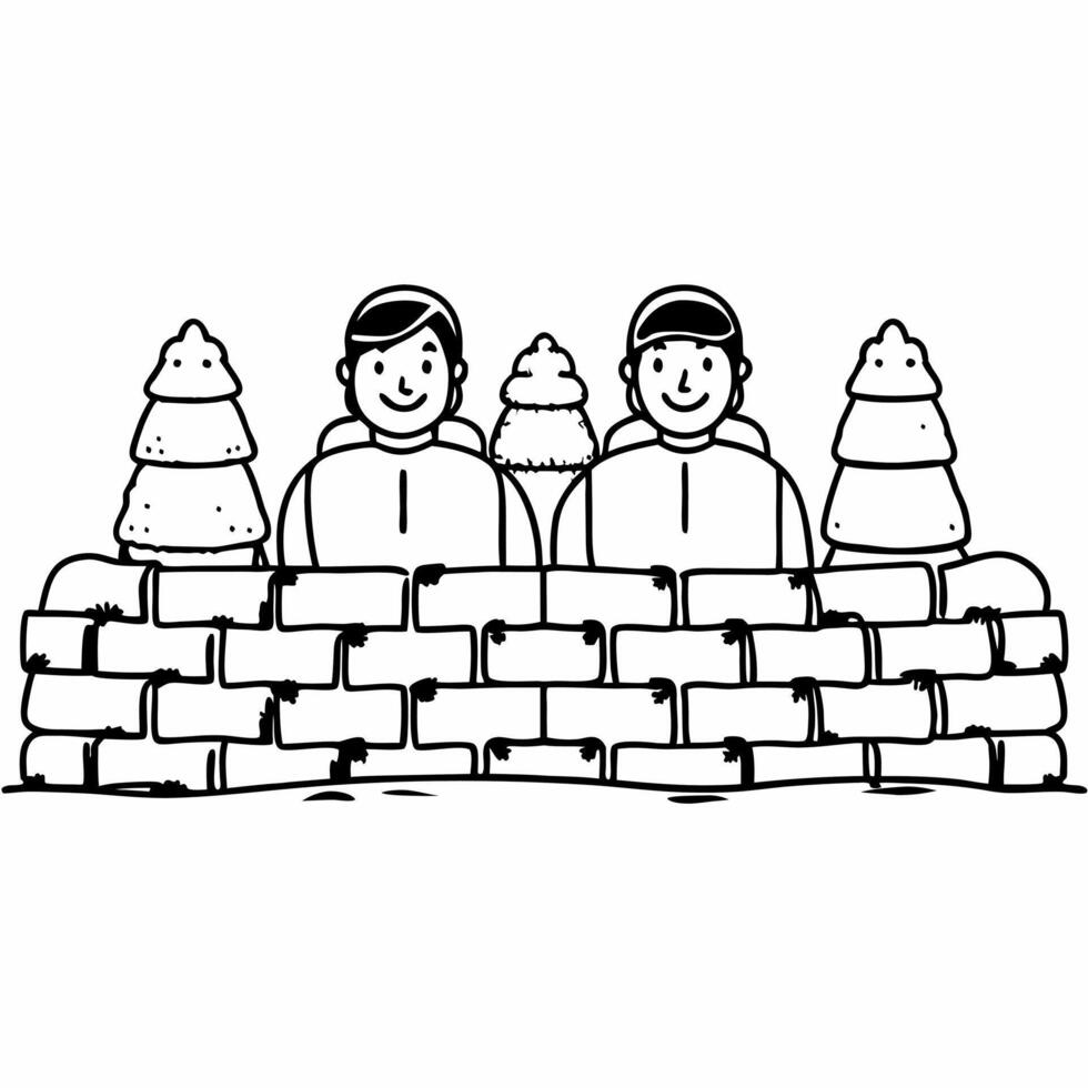Flat Candid group of friends laughing while building a snow fort Clean vector