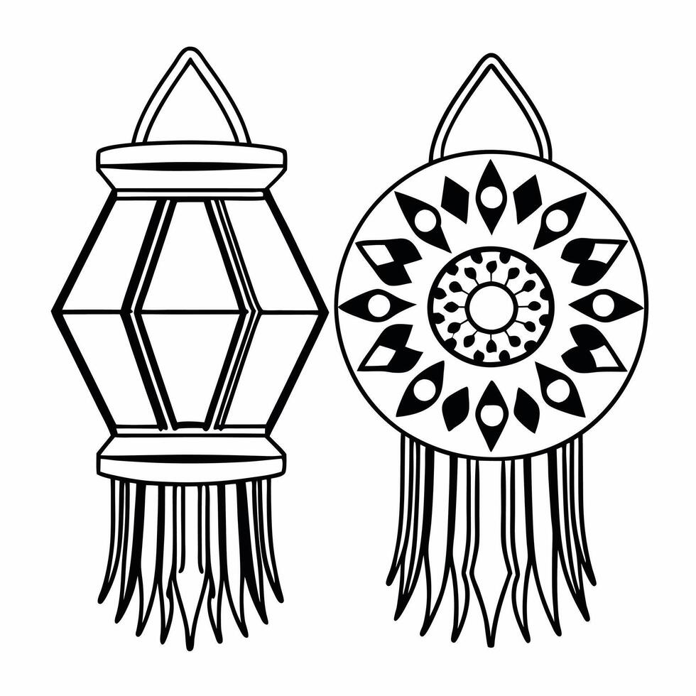 Flat Diwali lantern and floating mandala with glowing edges isolated on white background Clean vector