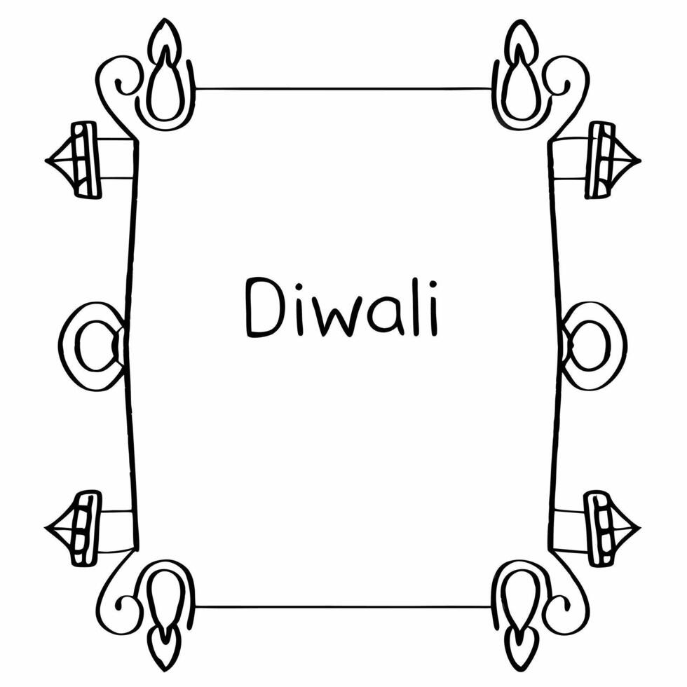 Flat Diwali lanterns and floating diya border frame with joyful wording offering vibrant copy space in the center Clean vector