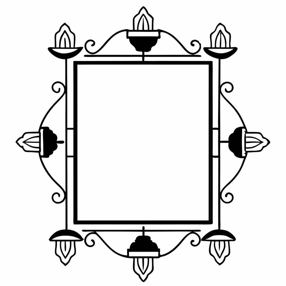 Flat Diwali lanterns and floating diyas border frame with elegant wording creating a serene copy space in the center Clean vector