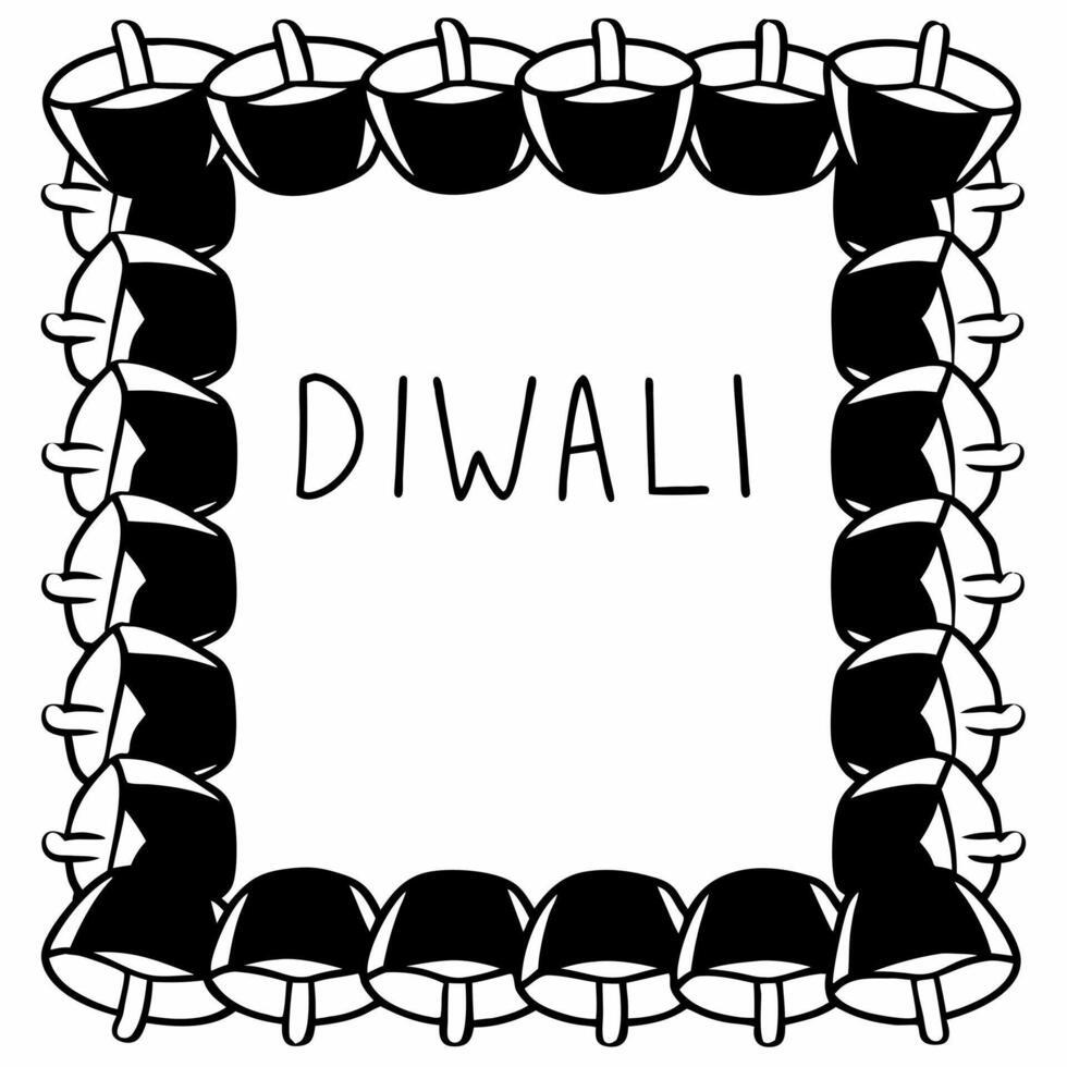 Flat Diwali lanterns and marigold garlands border frame with festive wording offering spacious copy space in the center Clean vector