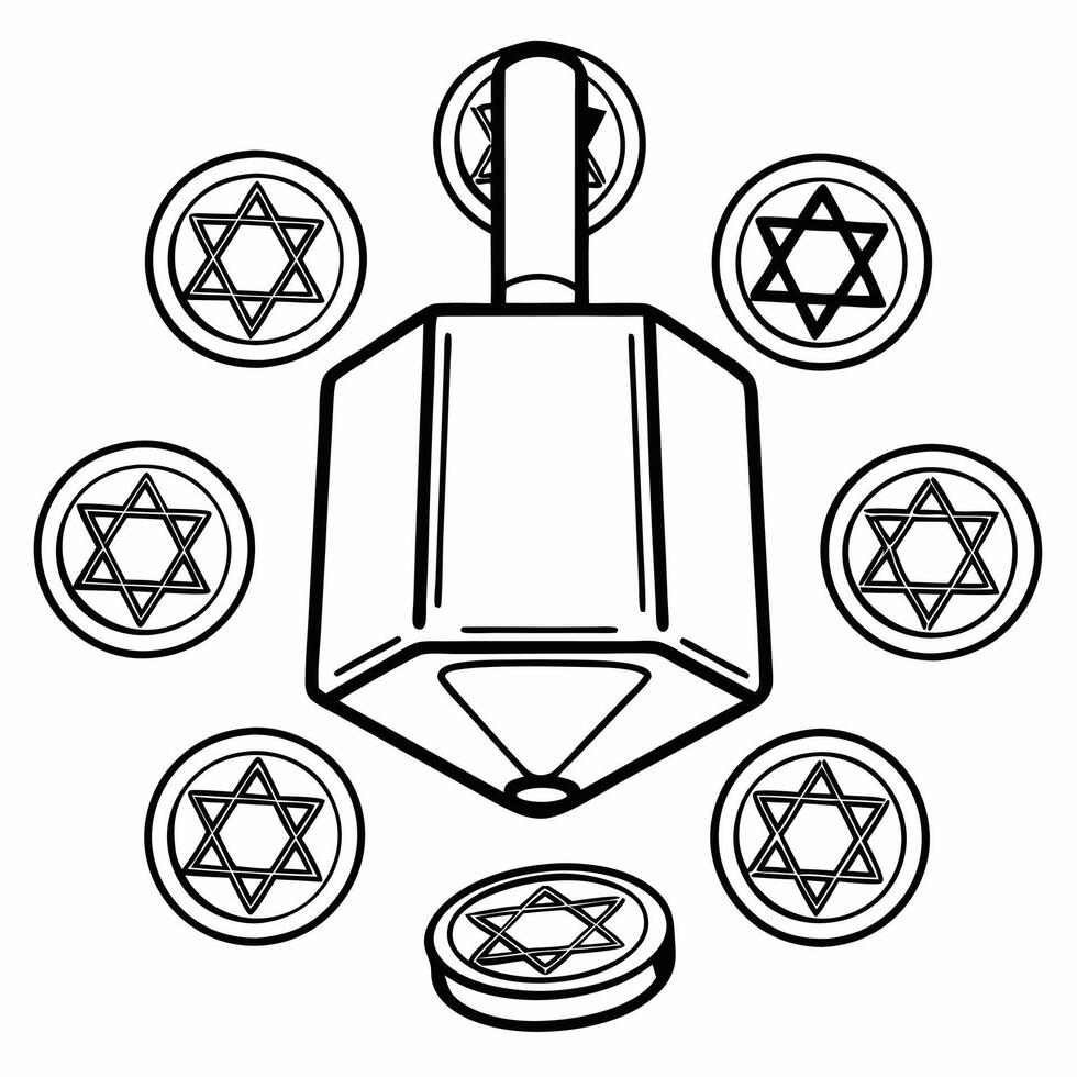 Flat Dreidel spinning in mid air with floating Hanukkah gelt coins on white background Clean vector