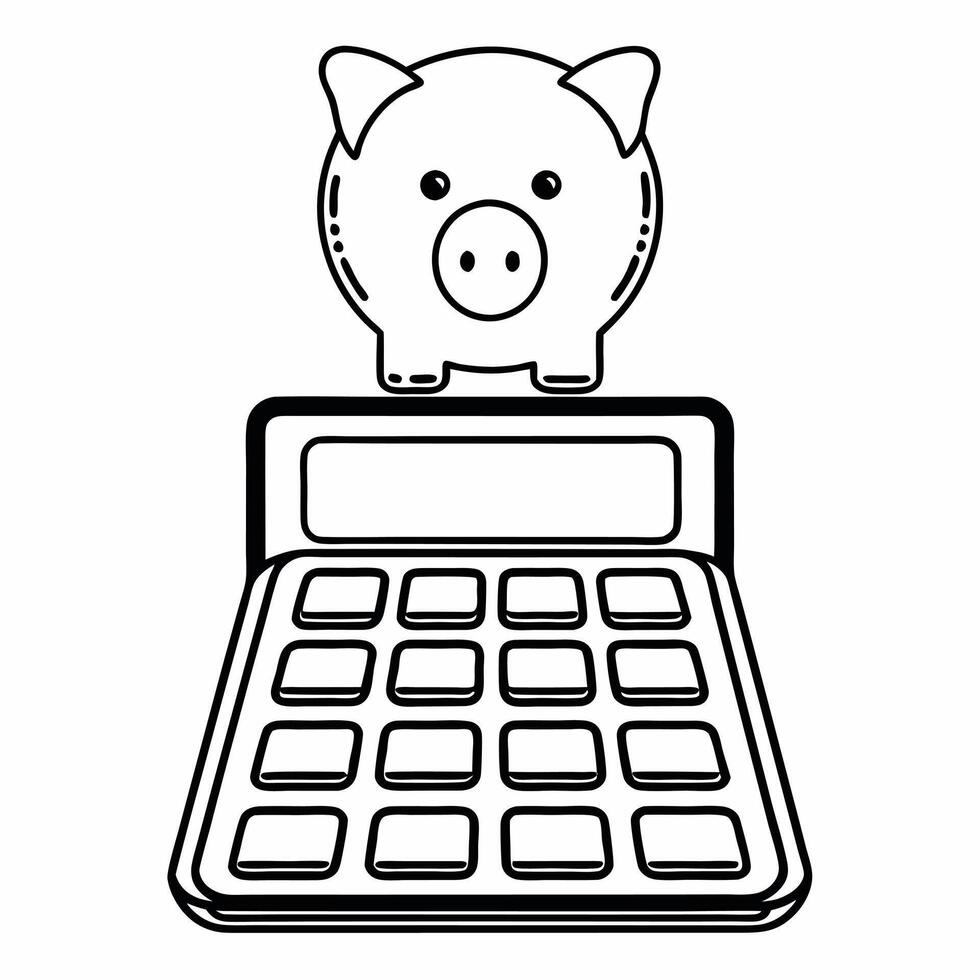 Flat Floating holographic piggy bank and calculator on a glossy white background with ample copy space Clean vector