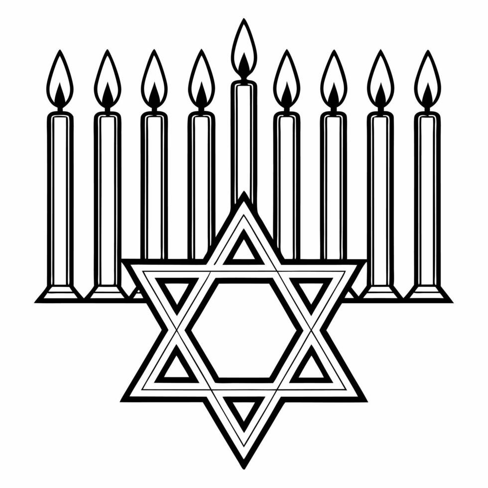 Flat Floating Star of David and menorah candles with glowing effect white background Clean vector
