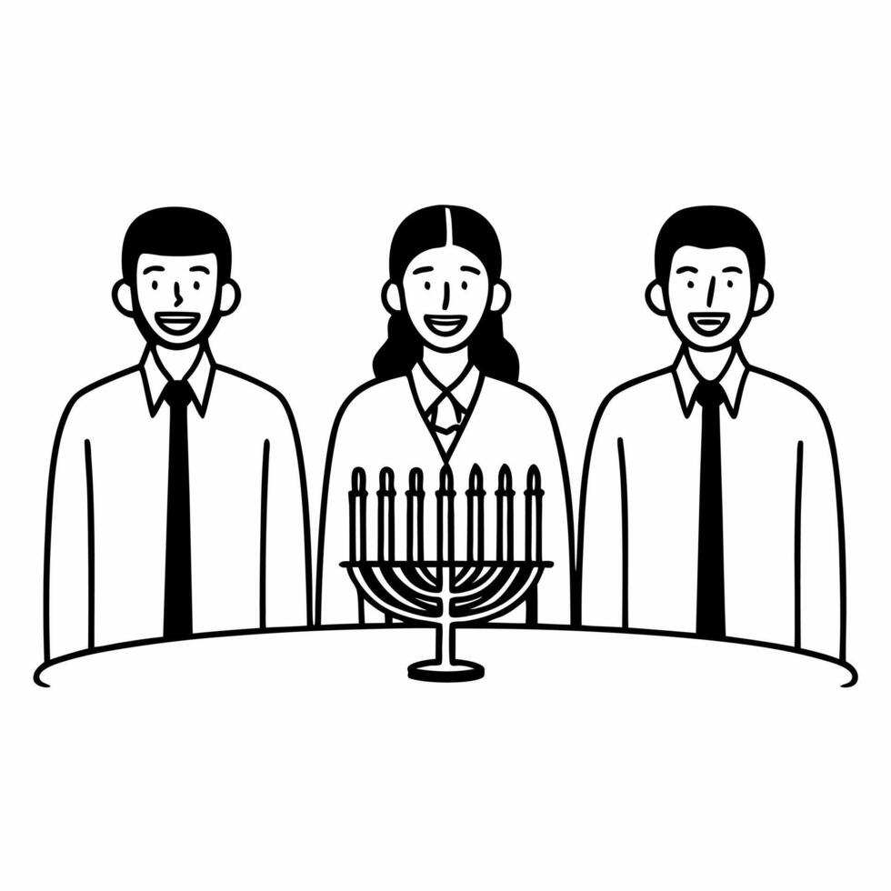 Flat Friends laughing over Hanukkah meal candid dining shot Clean vector