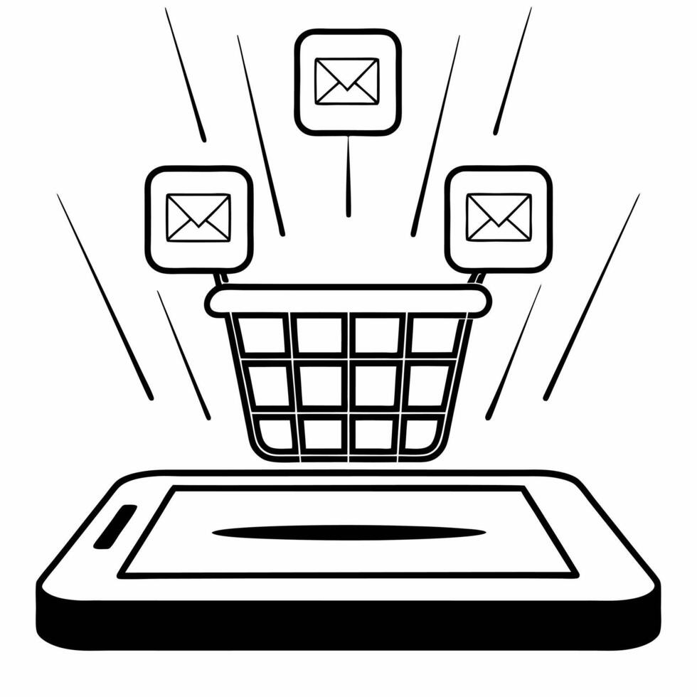 Flat Glossy background of floating shopping cart and glowing email notifications Clean vector