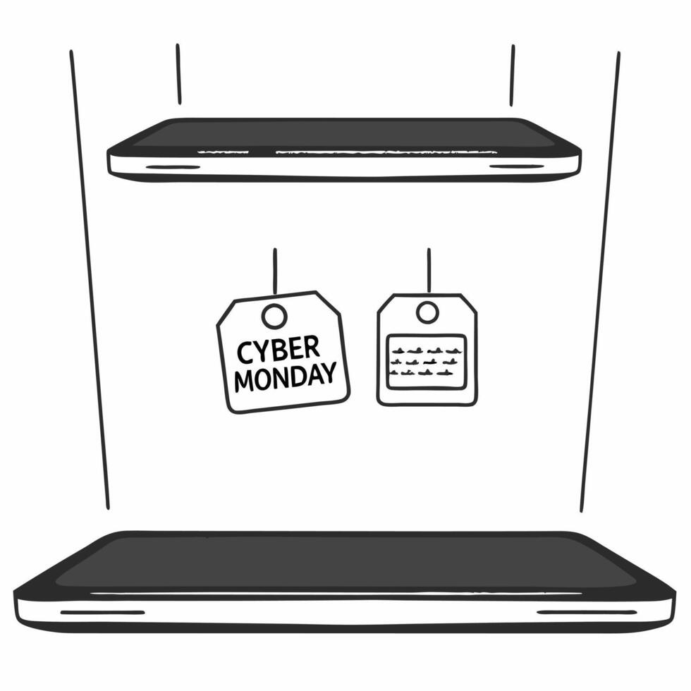 Flat Glossy background of floating tech gadgets with Cyber Monday discounts Clean vector