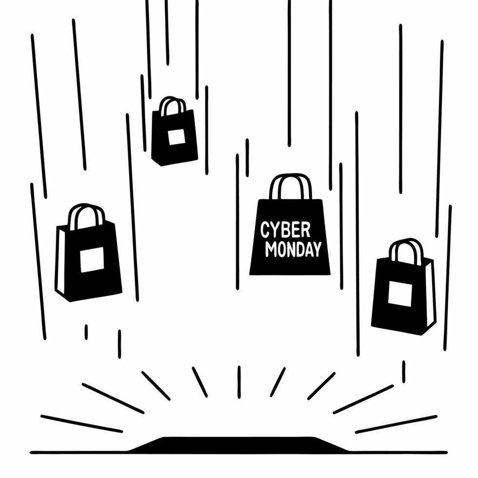 Flat Glossy background of shopping bags with Cyber Monday discount labels Clean vector