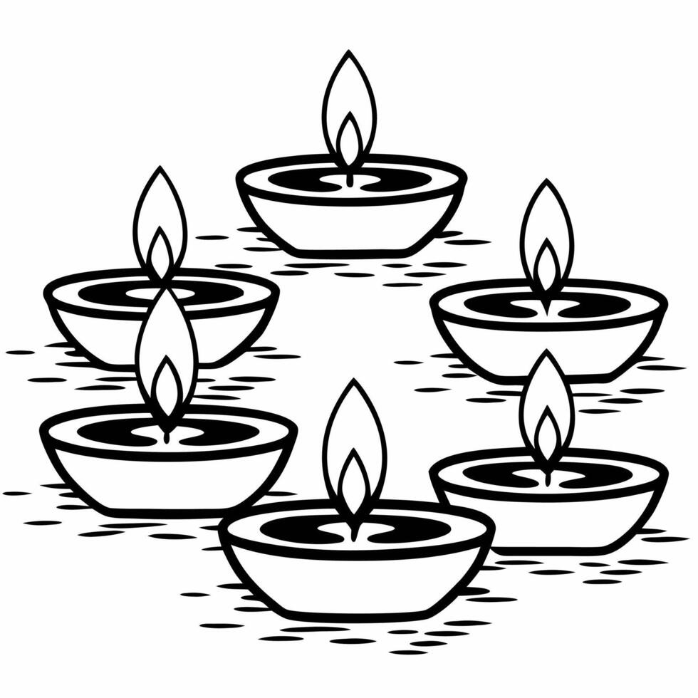 Flat Glossy Diwali diyas floating on water with glowing reflections creating a serene and festive background Clean vector