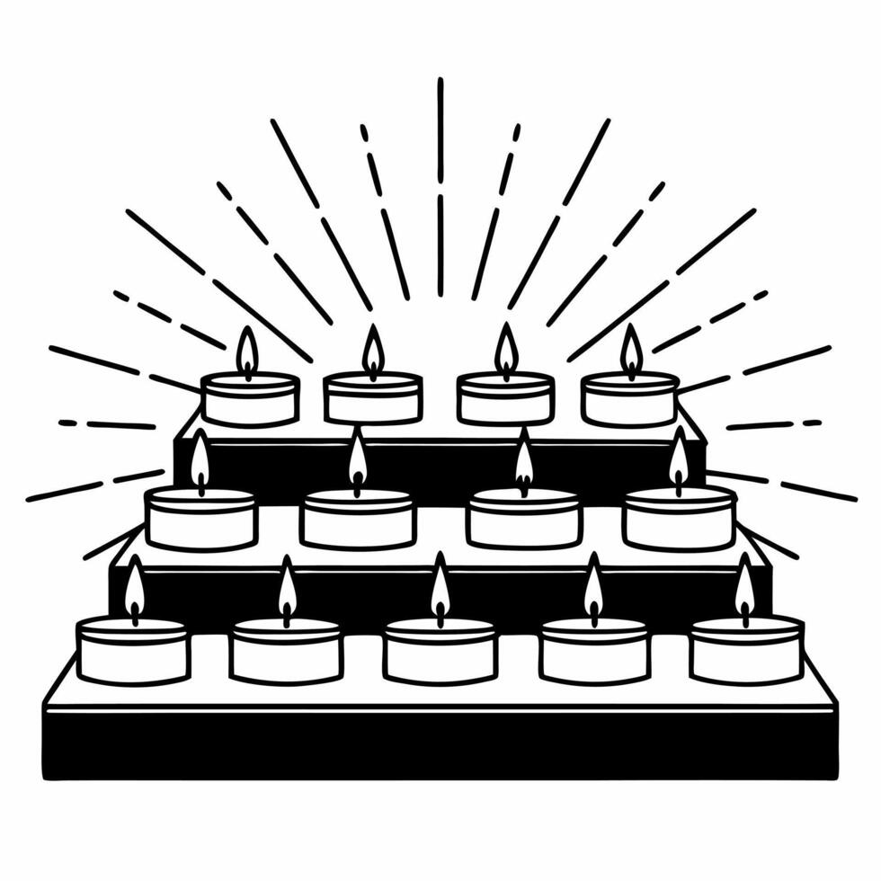 Flat Glossy Diwali diyas arranged on a stairway with glowing light trails creating a warm and festive background Clean vector